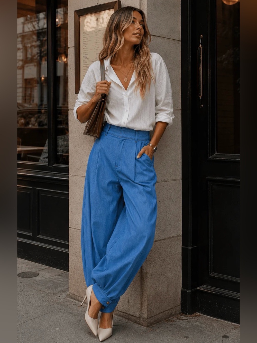 WOMEN'S ELASTIC WAIST BUTTON CLOSURE POCKETS JOGGER LEG PANTS BLUE